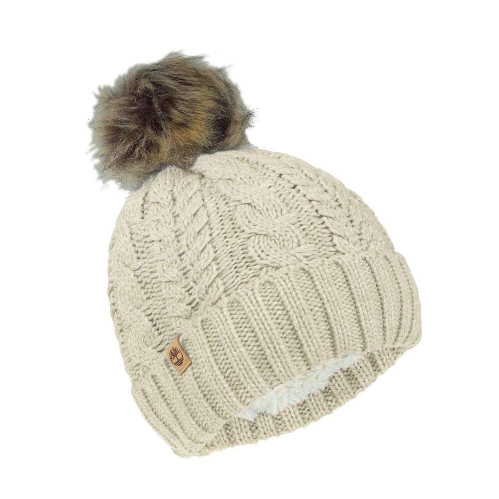 1374 ’s Cable Knit Faux Fur Pom Beanie - Soft Winter Hat, Ribbed Cuff, Warm